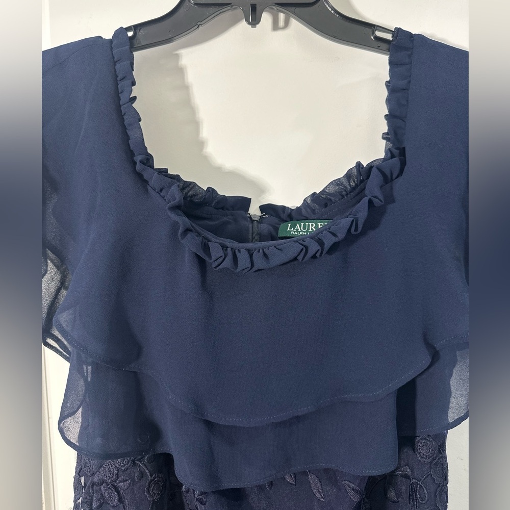 Lauren Ralph Lauren Navy Lace Dress Size 8 Elegant Overlay Cocktail Formal - Picture 6 of 11